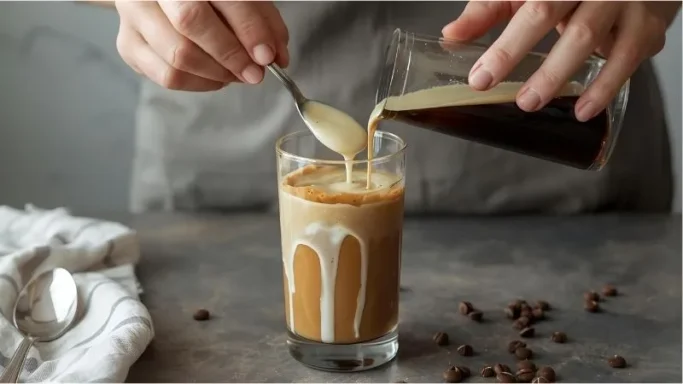 Add two tablespoons of your homemade white chocolate sauce to your tall glass. Pour in the espresso and stir vigorously for 10-15 seconds—you want the sauce to be thoroughly mixed in.