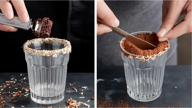 While your glass chills, shave some dark chocolate using a fine grater or vegetable peeler. Set it aside. You can also create a rimmed glass by dipping the rim in corn syrup, then into white chocolate shavings or cocoa powder. This takes your presentation from "nice" to "wow!"